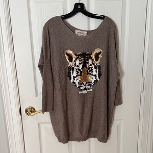 SUNCOO Brown Knit Sweater oversized fit Tiger sequin Detail XL